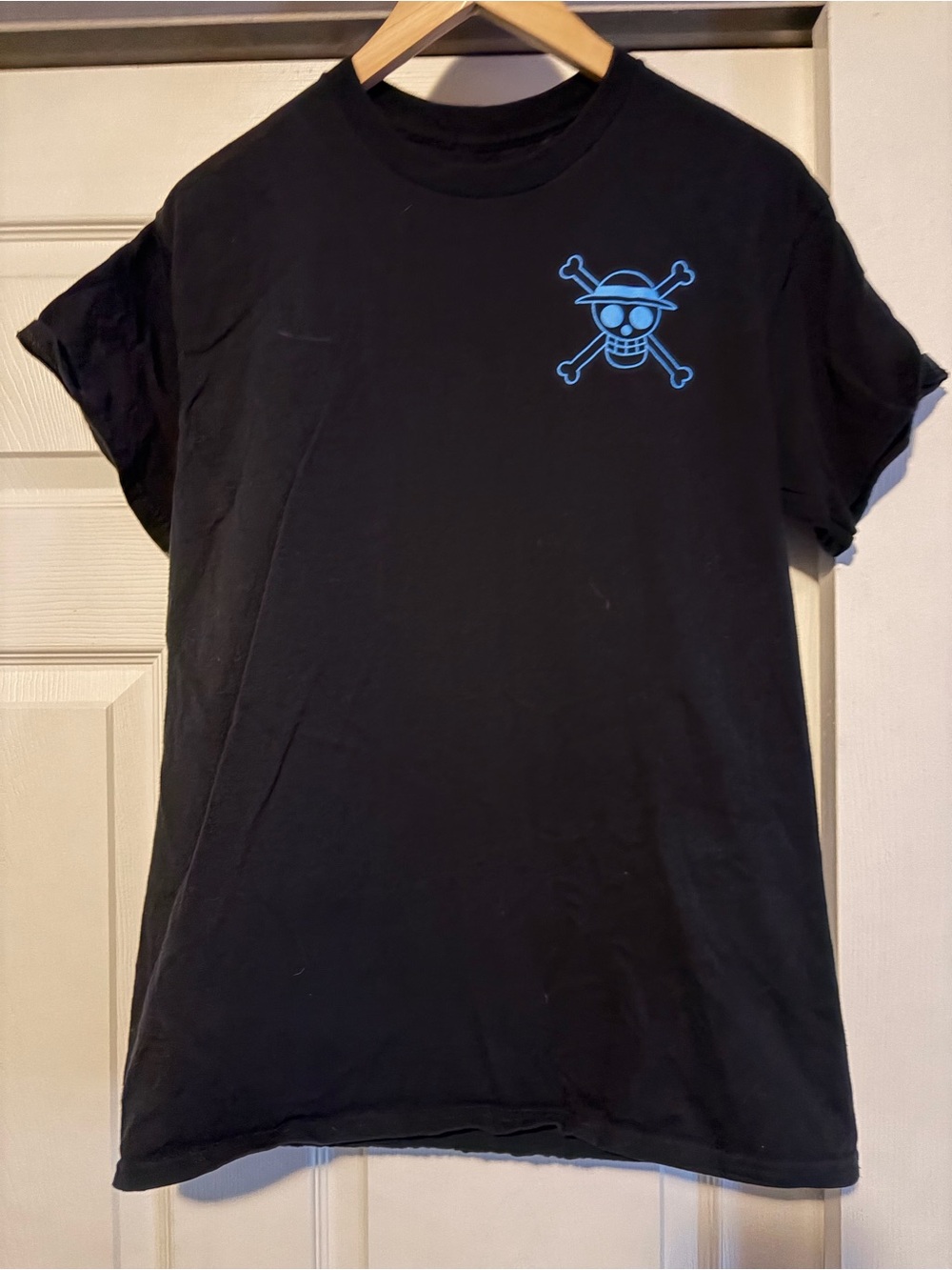 TWO Black Mens One PieceT-Shirts with Blue Skull & Crossbones Graphic